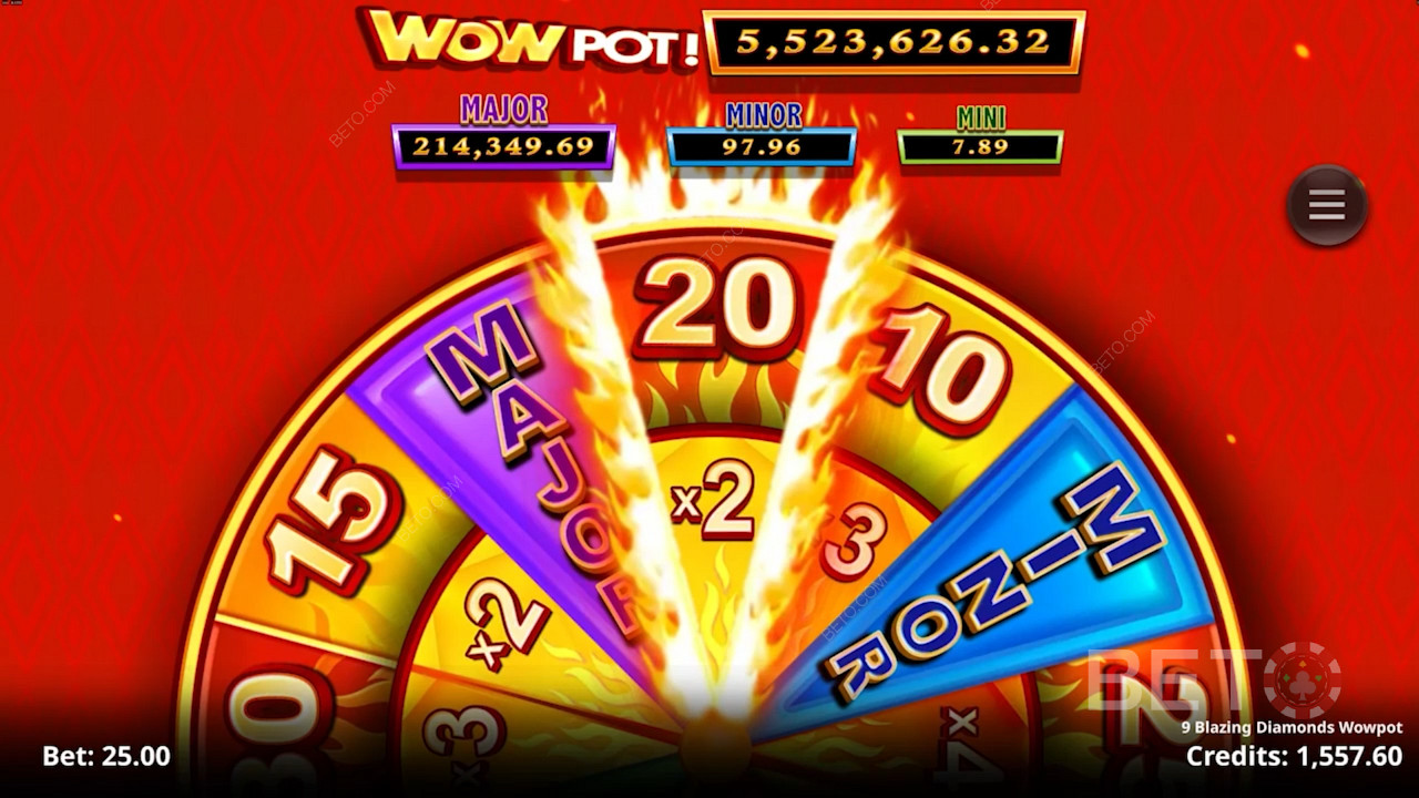 Zkuste si zahrát o šílené jackpotové výhry Wowpot ve slotu 9 Blazing Diamonds Wowpot.