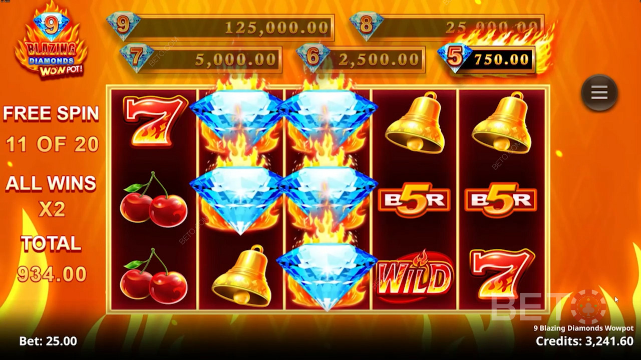 Objevte vzrušující bonusy za roztočení zdarma a peněžní výhry ve slotu 9 Blazing Diamonds Wowpot.