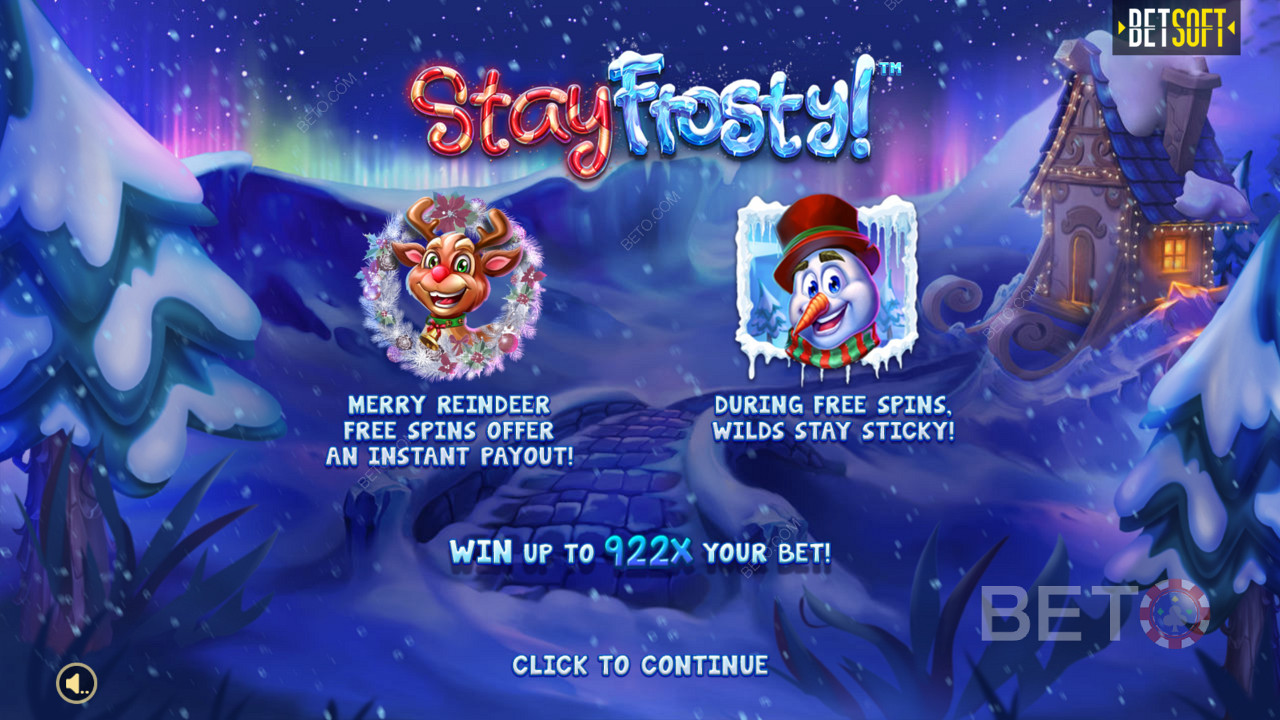 Úvodní obrazovka ve hře Stay Frosty! Veselý sob zdarma a maximální výhra 922x vaše sázka!
