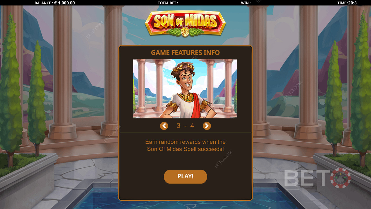Úvodní obrazovka hry Son of Midas zobrazuje užitečné informace