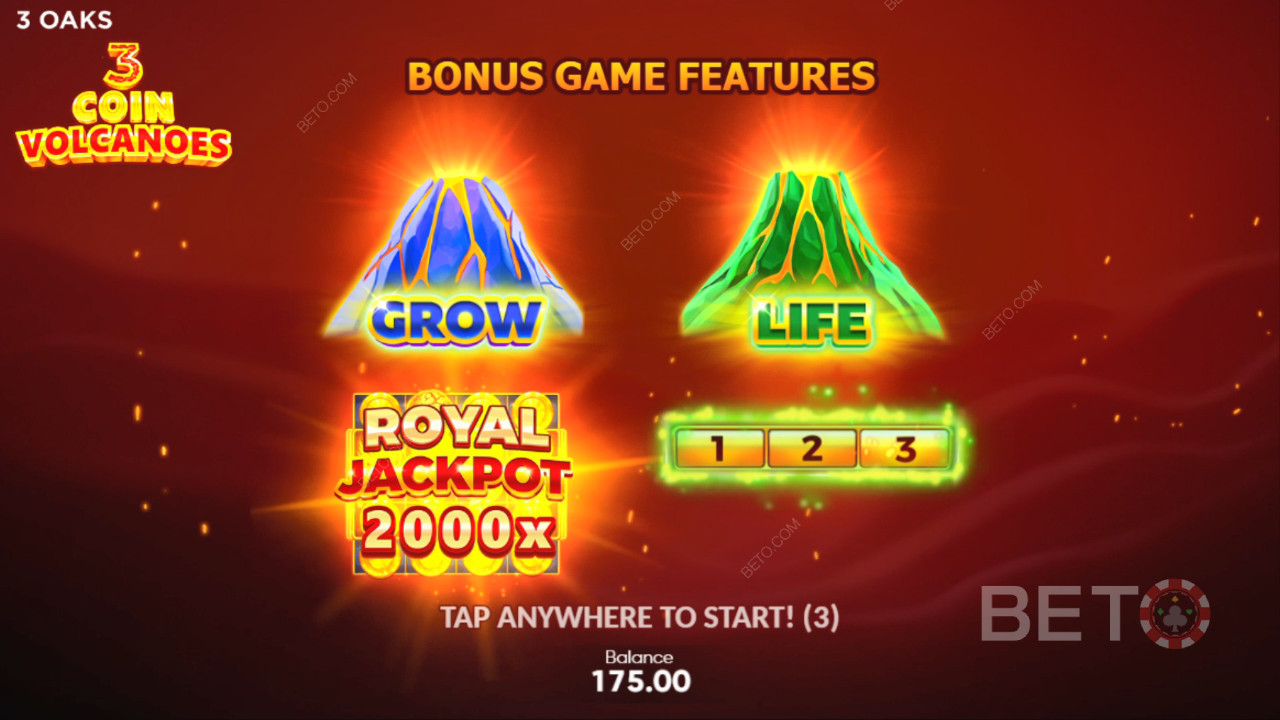Vysvětlení bonusových funkcí ve hře 3 Coin Volcanoes od 3 Oaks Gaming