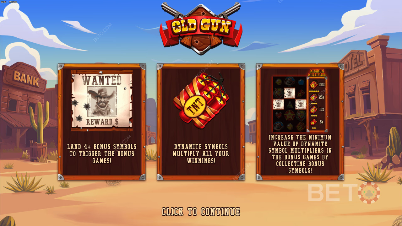 Vysvětlení bonusových funkcí ve hře Old Gun by Backseat Gaming