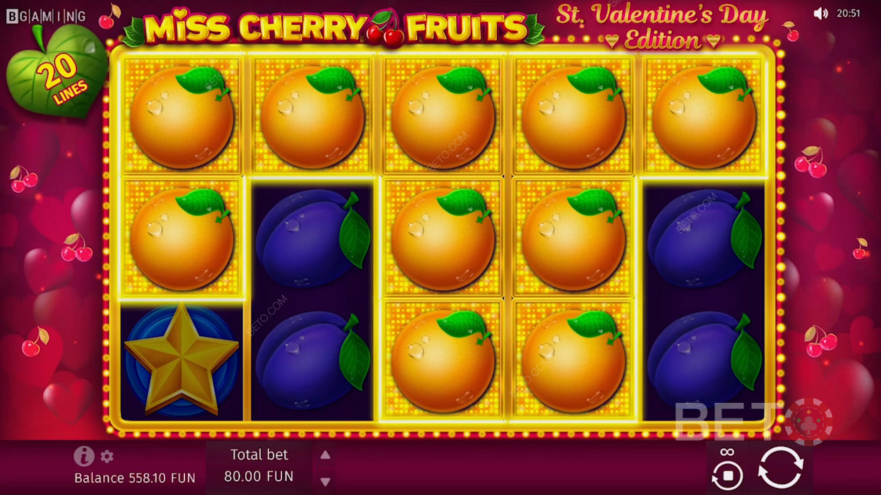 Spousta oranžových symbolů na slotu Miss Cherry Fruits