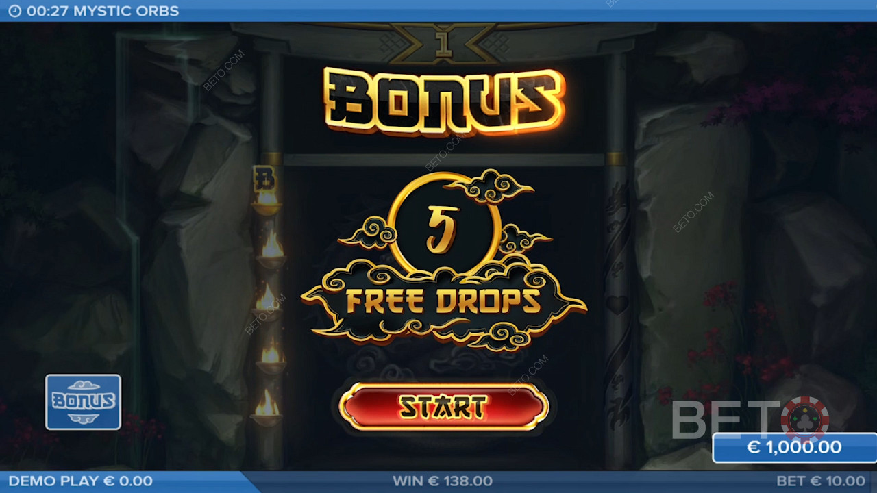 Když padne 5 symbolů Orb, aktivuje se bonusová hra a získáte 5 bezplatných roztočení.