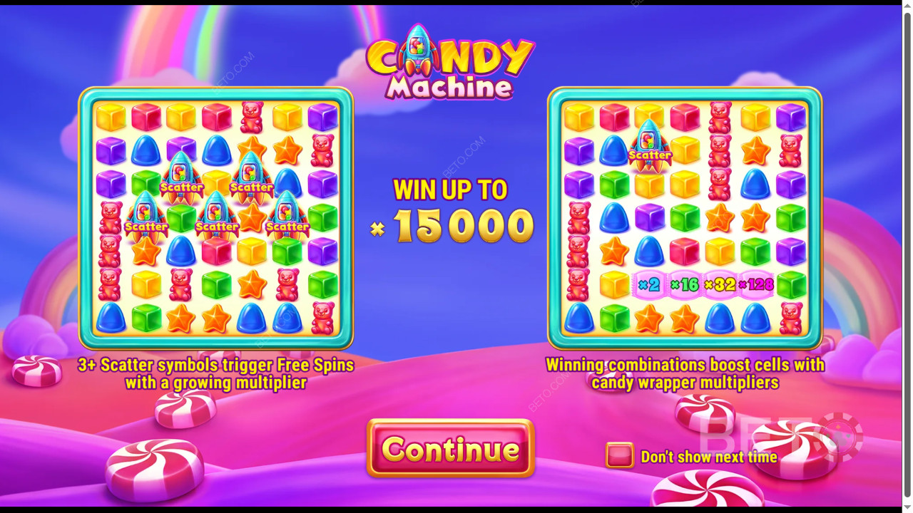 Vysvětlení bonusových funkcí ve hře Candy Machine od Barbary Bangové