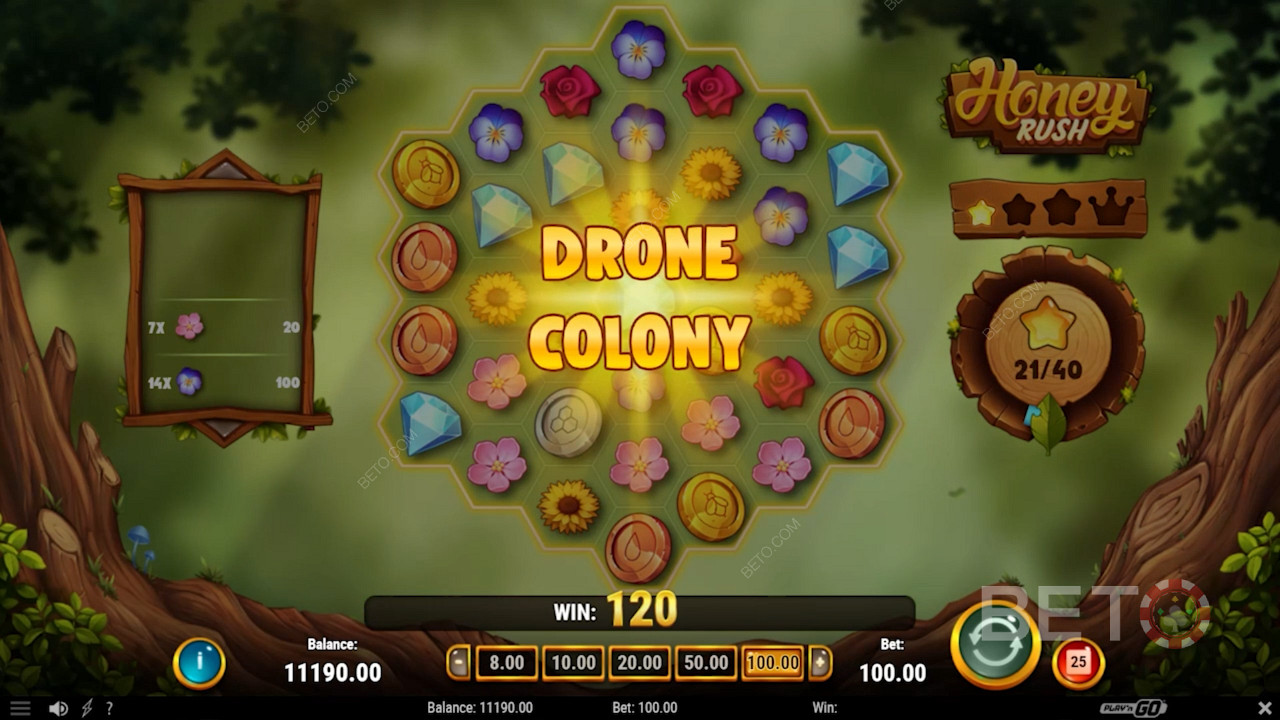 Bonusová hra Drone Colony se spustí, když se vedle válců objeví ukazatel Honey Rush.