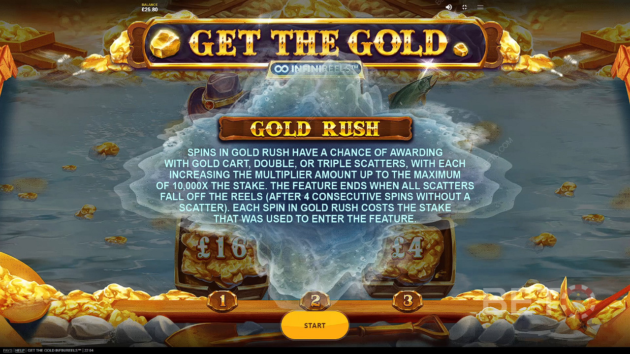 Pokud padnou 3 nebo více symbolů Scatter (zlatý vozík), začne hodina Golden Rush.