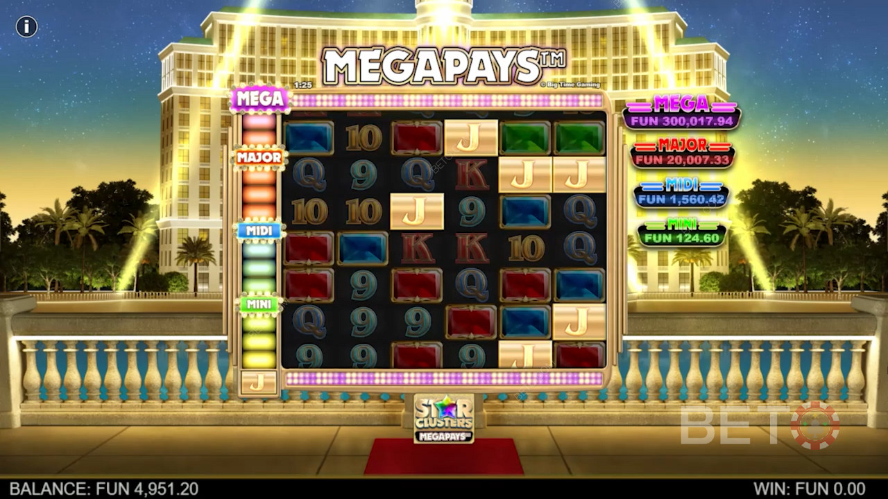 Pokud ve slotu Star Clusters Megapays padnou alespoň 4 symboly Megapays, můžete vyhrát.