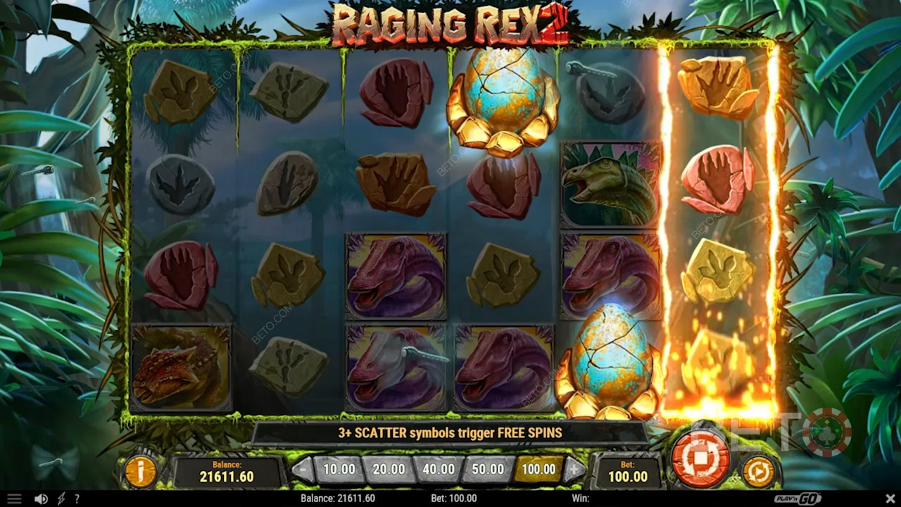 Ke spuštění Free Spins ve slotu Raging Rex 2 jsou nutné alespoň 3 symboly Scatter.