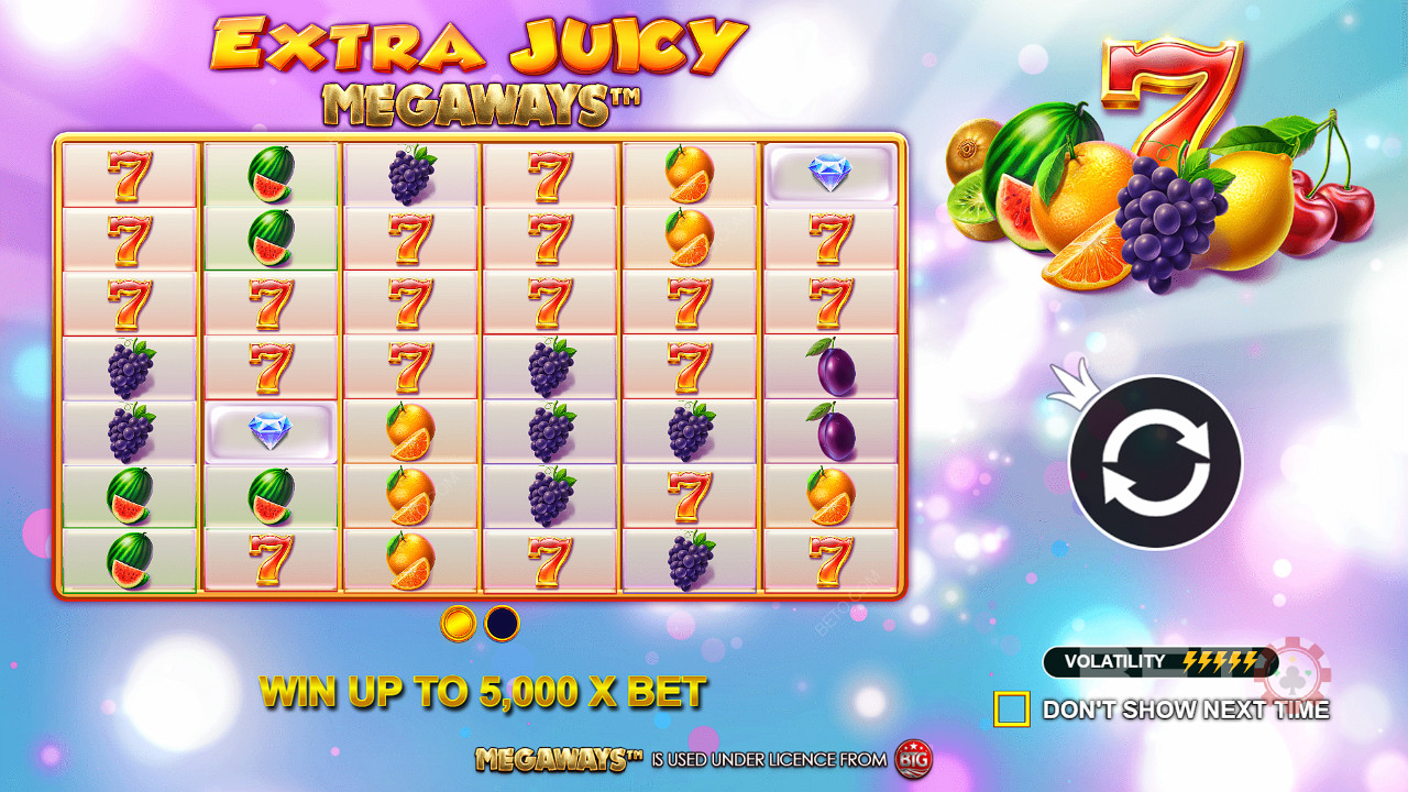 Hrajte Extra Juicy Megaways a vyhrajte maximální peněžní výhru 5 000x