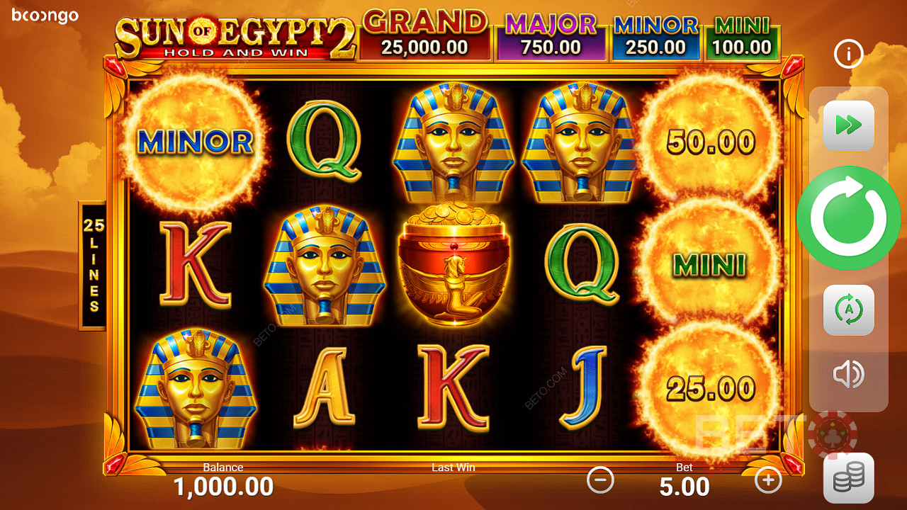 Šest nebo více bonusových symbolů spustí bonusovou hru ve slotu Sun of Egypt 2.