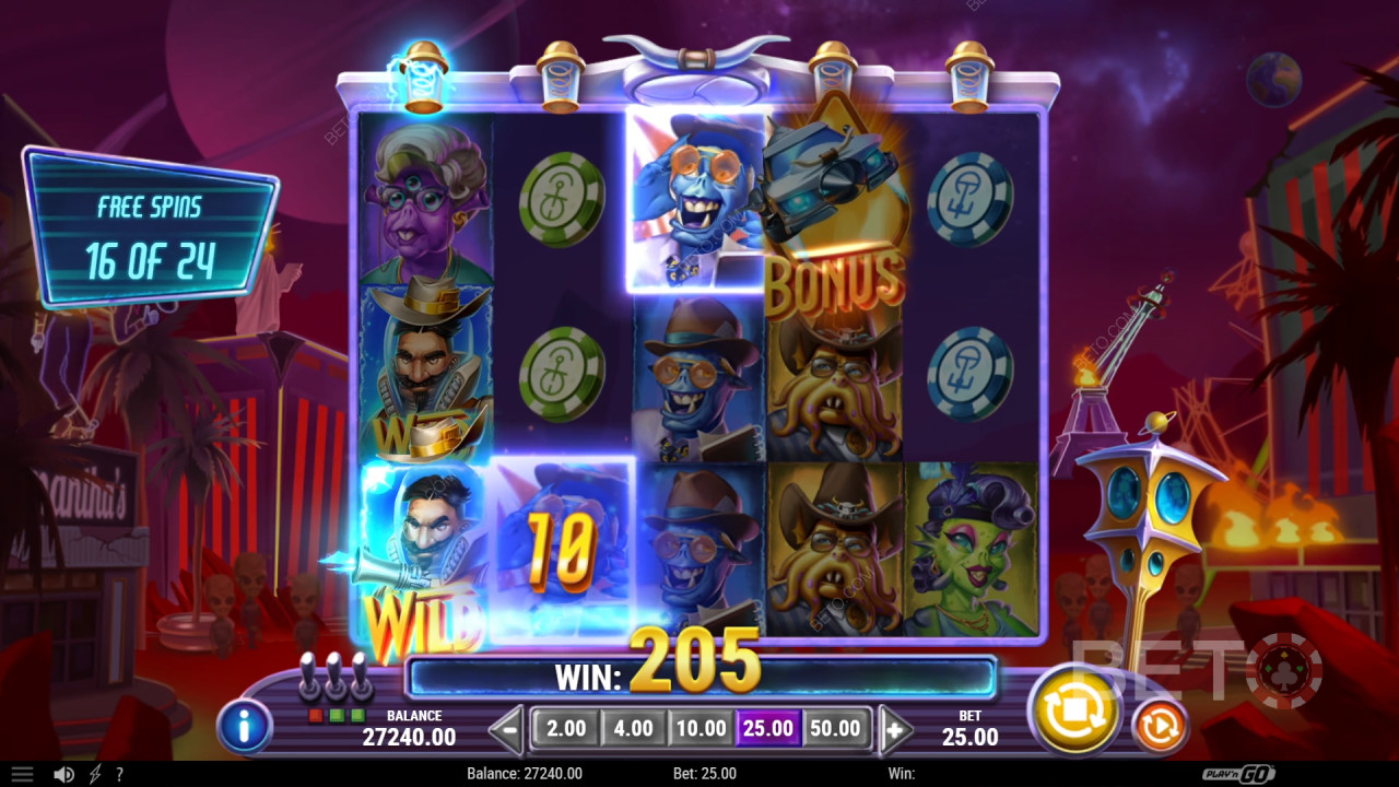 Vysvětlení bonusových funkcí ve hře Invading Vegas Revenge on Mars podle Play