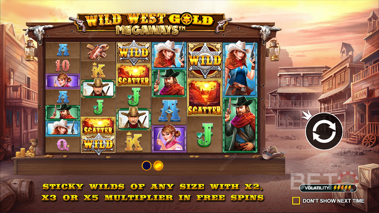 Ve slotu Wild West Gold Megaways jsou k dispozici symboly Sticky Wilds s násobiteli až 5x.