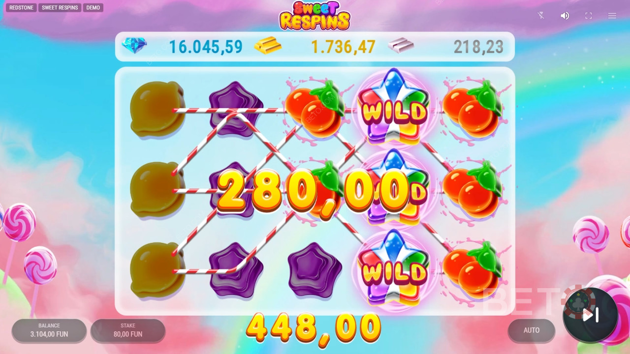 Vysvětlení bonusových funkcí v aplikaci Sweet Respins by Redstone