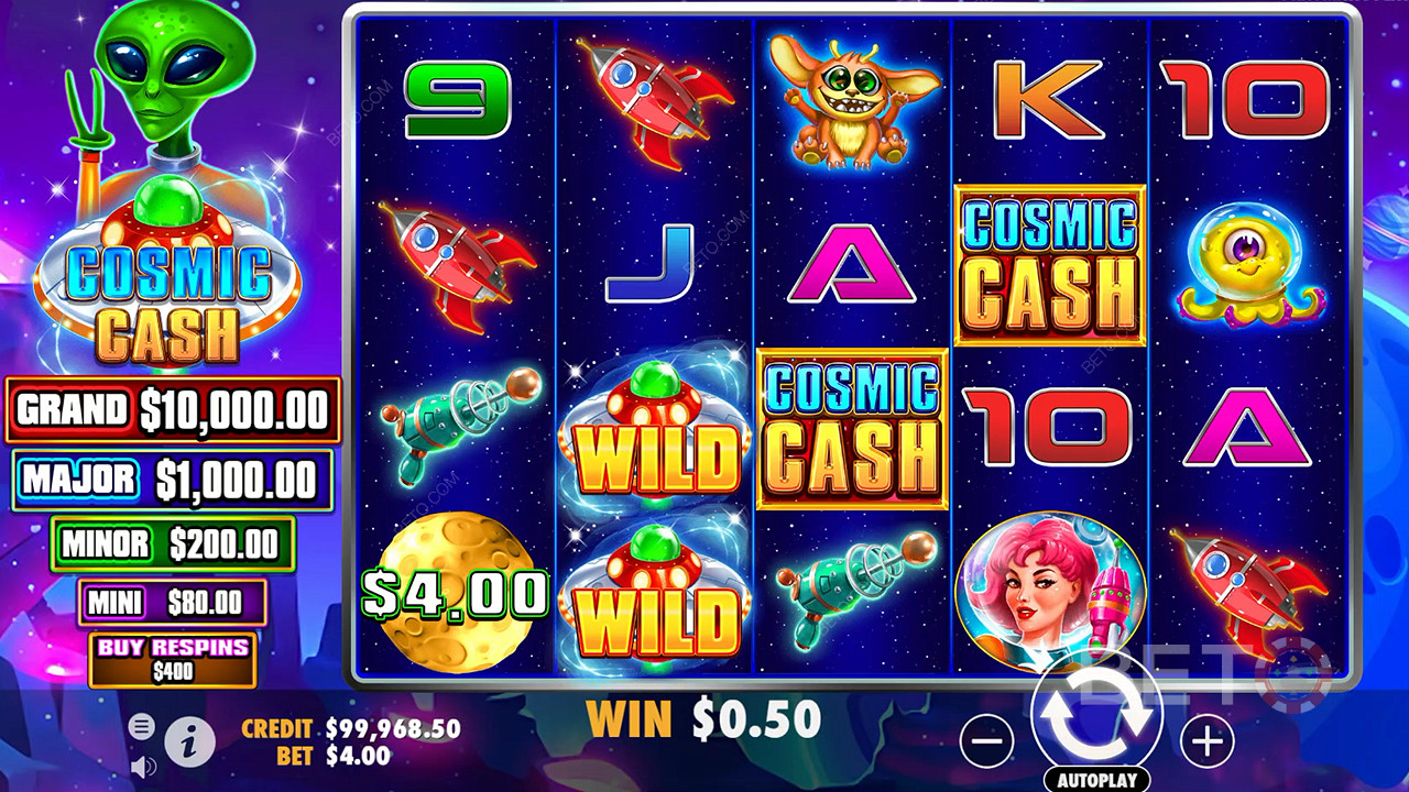 V základní hře kasinového automatu Cosmic Cash je spousta symbolů Wild.