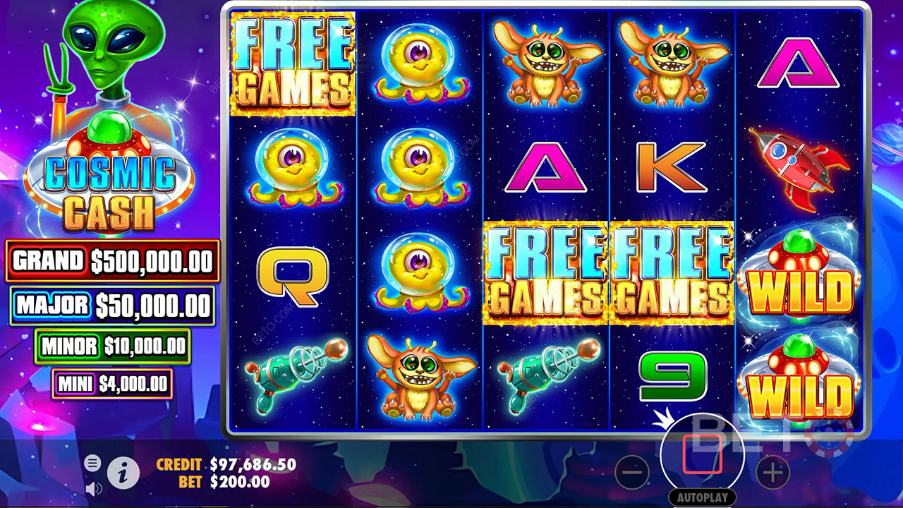Když ve slotu Cosmic Cash dostanete 3 nebo více symbolů Scatter, spustí se bonusová hra Free Spins.