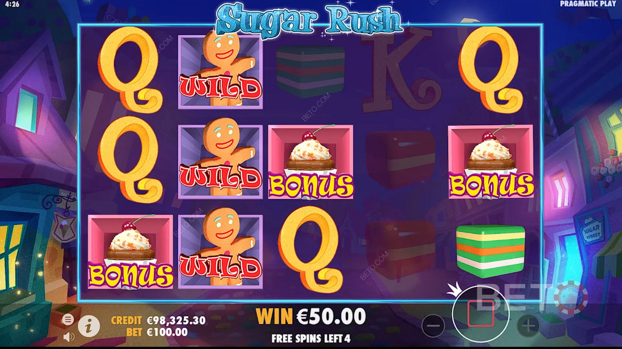 Když si zahrajete Sugar Rush a získáte 3 nebo více symbolů Cupcake, spustí se bonusová hra.