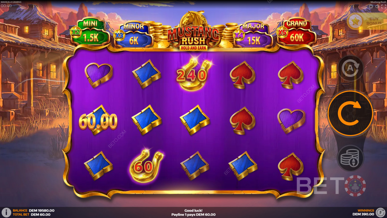 Vysvětlení bonusových funkcí ve hře Mustang Rush od společnosti Mancala Gaming