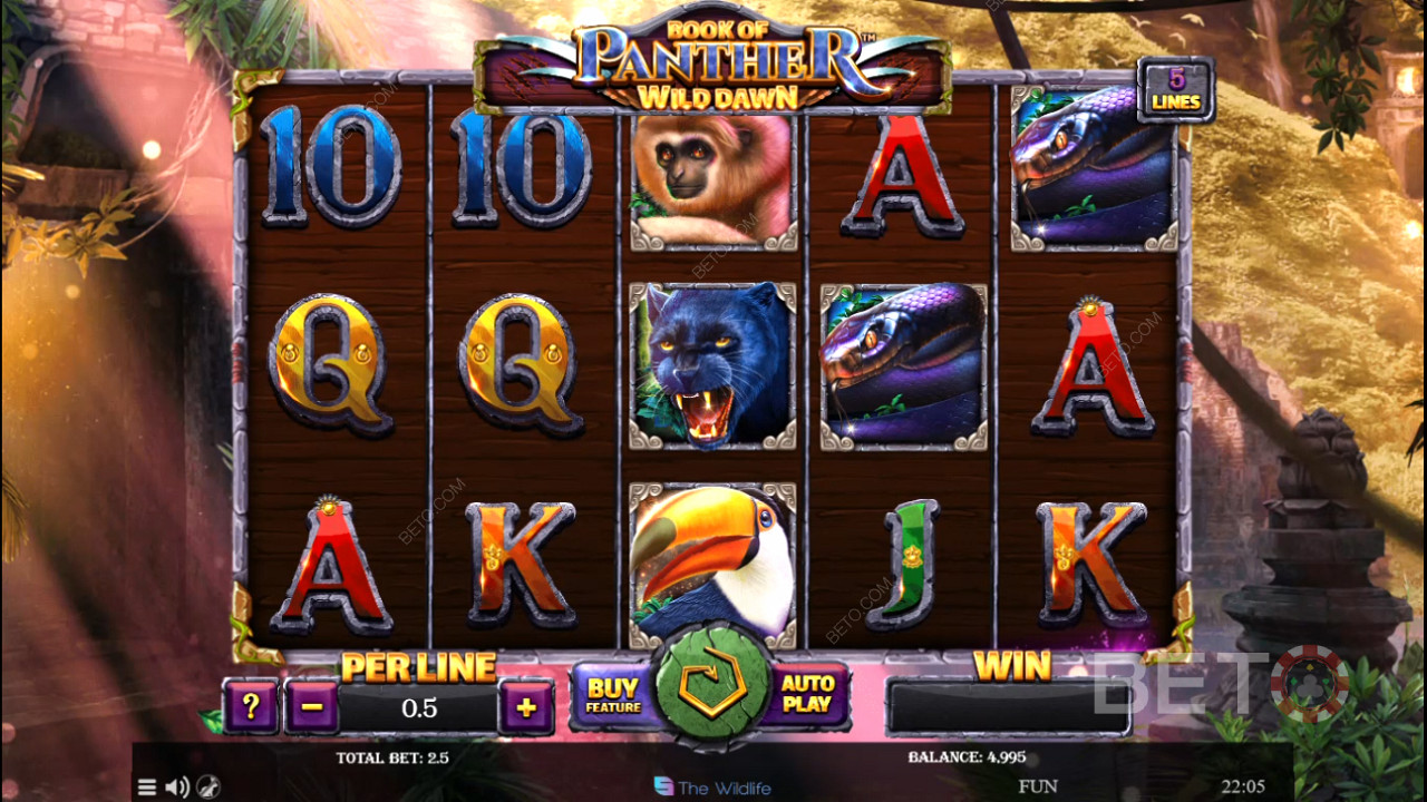 Online automat Book of Panther Wild Dawn má jako symboly s vysokou hodnotou divoká zvířata.
