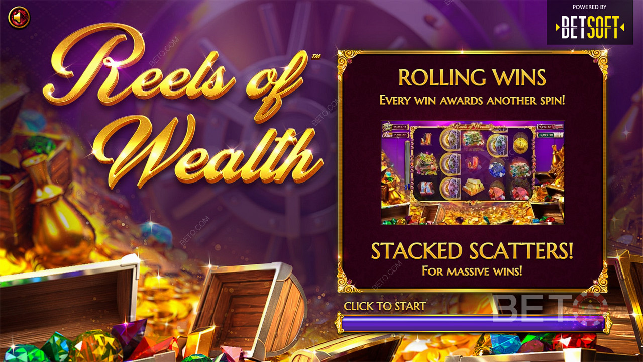 Funkce jako Rolling Wins a Scatter Pays se ve slotu Reels of Wealth vzájemně doplňují.