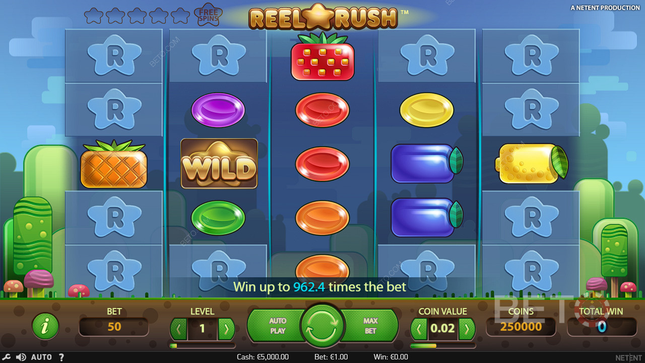 Ve výherním automatu Reel Rush se často objevují symboly Wild, které pomáhají vytvářet výhry.