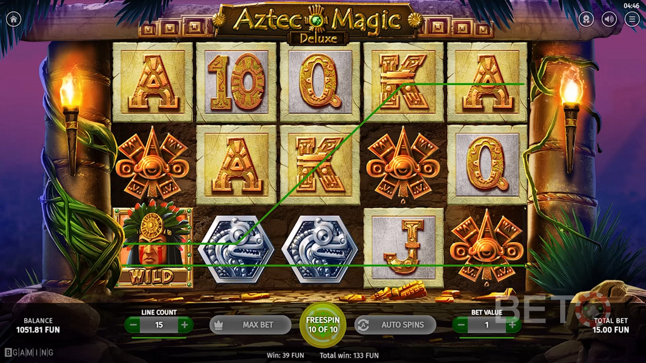Aztécký bojovník Wild pomáhá vytvářet výhry v kasinové hře Aztec Magic Deluxe.