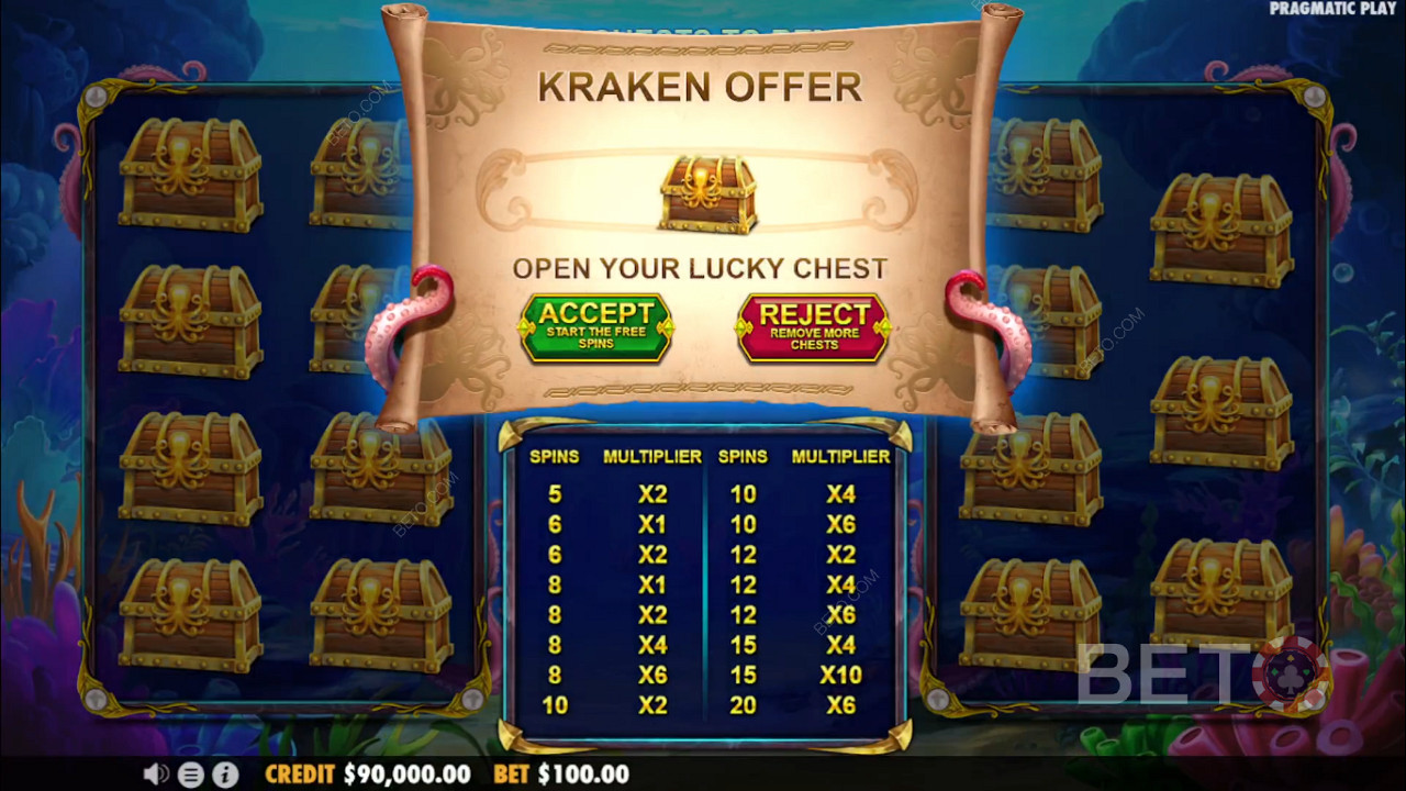 Přijměte nabídku nebo zkuste štěstí v minihře v online slotu Release the Kraken 2.