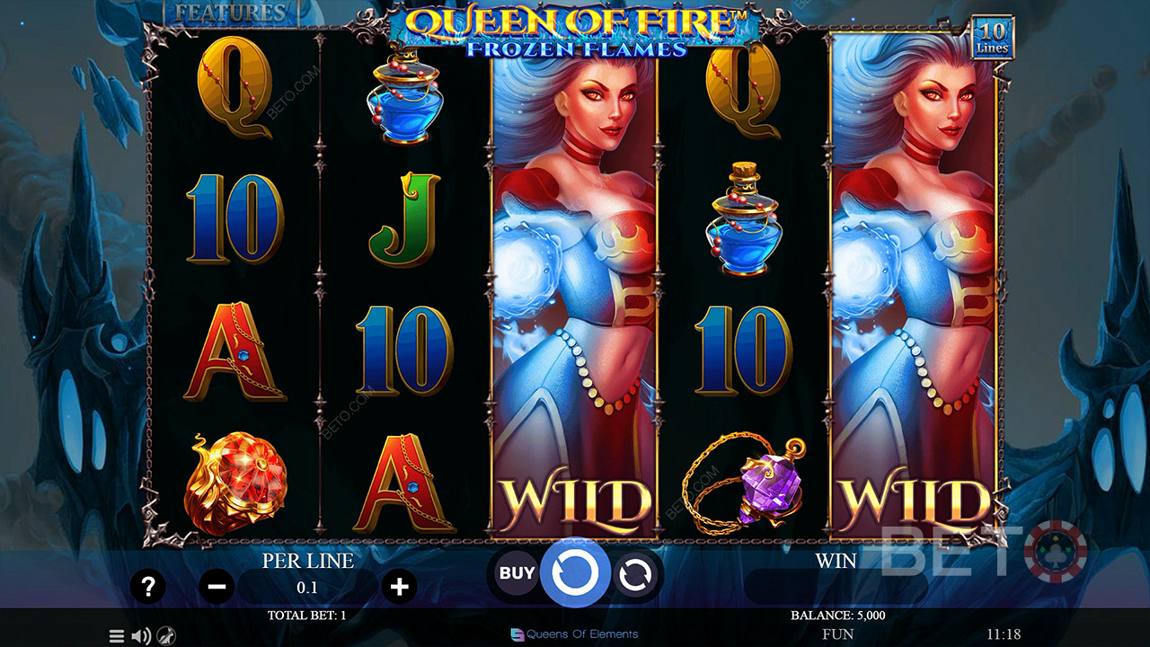 Užijte si rozšiřující se symboly Wild v základní hře ve slotu Queen of Fire - Frozen Flames