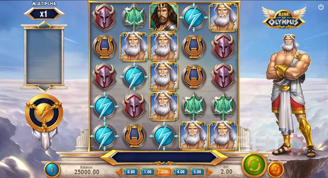 Zahrajte si hru Rise of Olympus, která vám nabízí 3 bonusové funkce a symboly bohů.